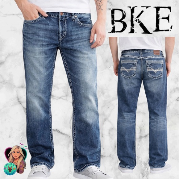 BKE Other - BKE Derek Bootcut Jeans Mens 36R Medium Wash Thick Stitch Denim‎ Blue